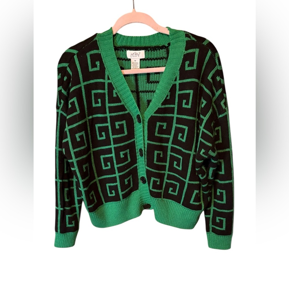 Just Polly Green Black Geometric Cardigan Size Medium Cropped Preppy Statement